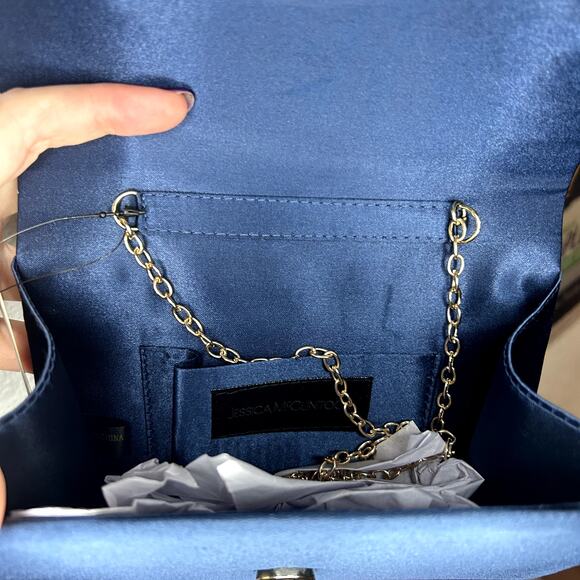 Jessica McClintock Navy Satin Evening Bag Womens NWT Rhinestone Pearl Chain - Picture 3 of 8